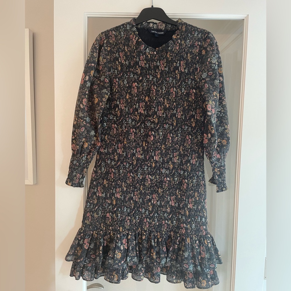 Veronica Beard Farha Floral Smocked Minidress, “Vintage” Black Floral (Size 6)
